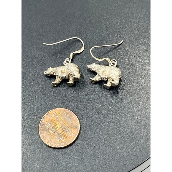 Sterling Silver Detailed 3D Grizzly Bear Animal Fur Charm Dangle Earrings 1” - Picture 9 of 11